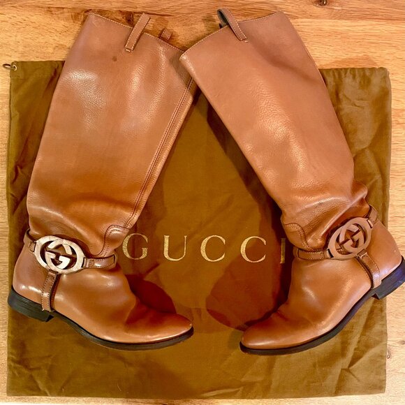 Gucci Interlocking G Logo Leather Riding Boots Sz7 with dustbag - Picture 1 of 12